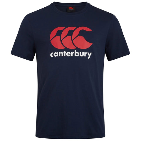 A blue t-shirt features a large red and white design with three stylized waves above the word "canterbury" printed in white. It has short sleeves and a round neck.