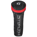 A black and red golf club headcover stands upright featuring a textured top and smooth sides with the brand name prominently displayed in white on the side designed to protect the club from damage