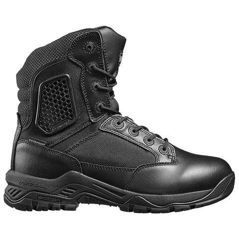 A black tactical boot stands upright showcasing a rugged design with a smooth leather toe and textured fabric sides suitable for outdoor and work environments providing durability and support.