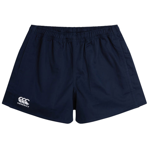 A pair of navy blue shorts is displayed flat with an elastic waistband and side pockets featuring a white logo on the lower left side.