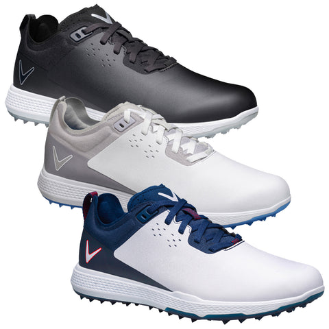 Three pairs of golf shoes are displayed side by side featuring varying colors of black gray and white each with a textured surface and spiked soles designed for traction on grass.