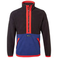 A pullover fleece jacket features a black upper section with a red zipper and collar and a blue lower section with red accents and pockets designed for casual outdoor wear.