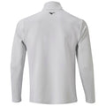 A long-sleeved athletic shirt is displayed with a high collar and a smooth textured surface the shirt is silver in color featuring a small black logo at the upper back