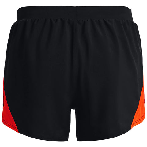 Black running shorts with an elastic waistband feature bright orange side panels visible against a plain background designed for active wear in sports or exercise contexts.