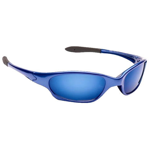 Blue sunglasses are positioned at an angle with mirrored lenses reflecting light the surrounding area is not visible but suggests an outdoor environment suitable for eyewear use