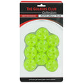 A pack of nine bright yellow practice golf airballs is displayed in a bubble arrangement against a black and white background emphasizing golf essentials and product details.