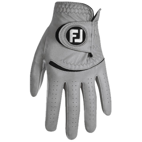 A grey golf glove is displayed with a fitted wrist and a strap closure featuring the FJ logo. It is designed for improved grip and comfort during play.