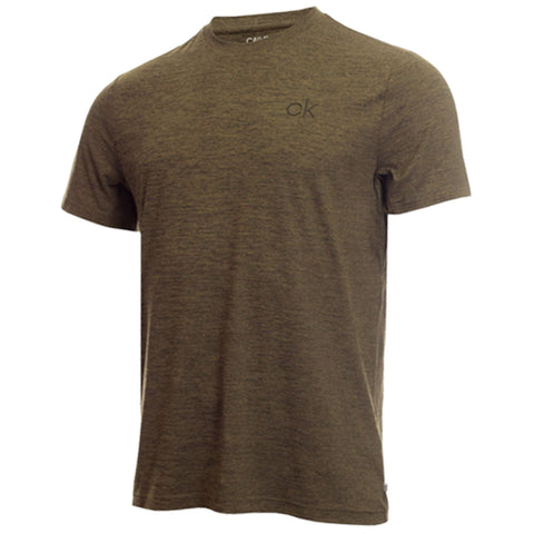 A short-sleeved olive green t-shirt hangs in a neutral background featuring a subtle logo on the chest providing a casual and comfortable aesthetic suitable for everyday wear.