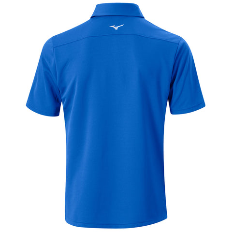 A bright blue polo shirt hangs, showcasing its short sleeves and collar, designed for casual wear, emphasizing simplicity and comfort in a neutral setting.