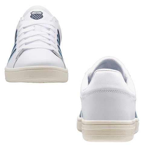 A pair of white athletic shoes is displayed with laces and blue stripes on the sides positioned on a plain background showcasing their design and detailing from multiple angles.