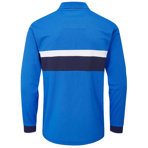 A blue long-sleeve shirt is displayed with a white and navy horizontal stripe across the midsection the collar is a standard style and the shirt is designed for casual wear.