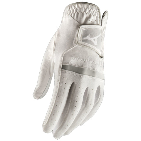 A white golf glove is positioned with fingers slightly spread showcasing a sleek design and perforations for breathability it is typically used in sports for better grip and control