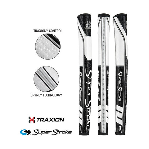 Three golf putter grips are displayed. They feature a sleek design with prominent black and white colors. Surrounding the grips are circular diagrams highlighting Traxion Control and Spyne Technology, enhancing grip performance.