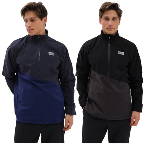 A male model is wearing two different half-zip jackets one in dark blue and one in black with varying designs showcasing an urban style against a plain white background.