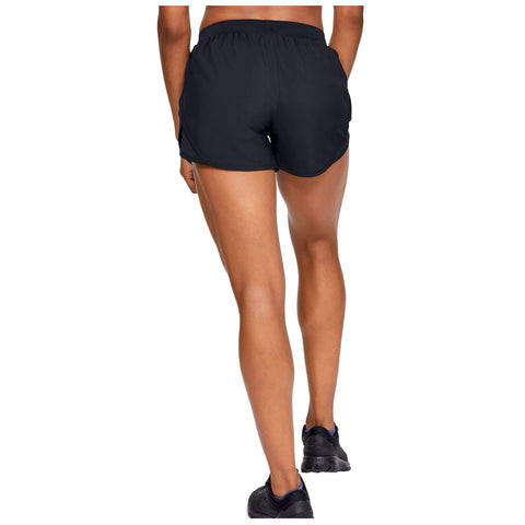 Black athletic shorts cover the lower body while a person stands with their back facing forward wearing black sneakers in a neutral background without any text.