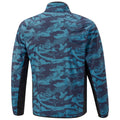 A blue and black patterned jacket is displayed featuring a camouflage design The jacket has a high collar and long sleeves suitable for active outdoor wear