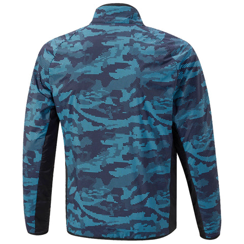 A blue and black patterned jacket is displayed featuring a camouflage design The jacket has a high collar and long sleeves suitable for active outdoor wear