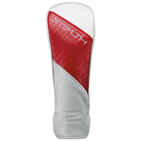 A golf club headcover is displayed upright with a sleek design featuring red and white colors and a honeycomb texture, intended to protect the club while standing out visually.