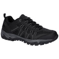 A black athletic shoe features a mesh and synthetic upper with a rugged rubber sole designed for traction. It's suitable for outdoor activities or casual wear.