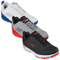 Three pairs of athletic shoes are displayed in a stacked arrangement. The shoes feature a sleek design with spikes on the soles meant for traction. Colors include white with blue, gray with red, and black with red.