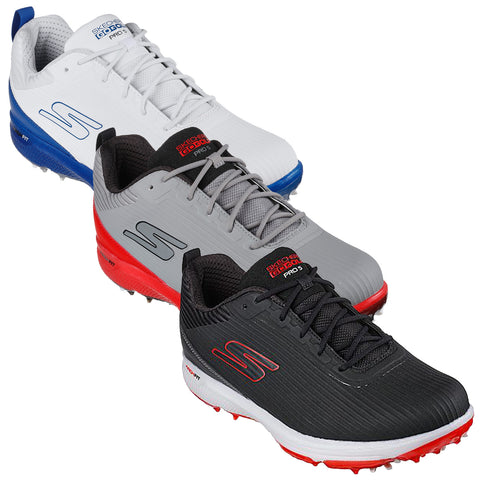 Three pairs of athletic shoes are displayed in a stacked arrangement. The shoes feature a sleek design with spikes on the soles meant for traction. Colors include white with blue, gray with red, and black with red.