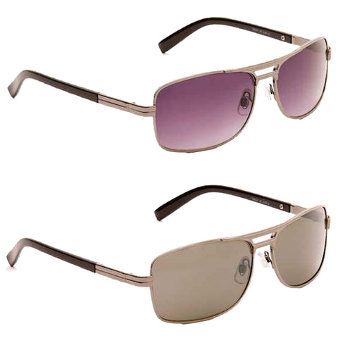 Two pairs of sunglasses are positioned one above the other. The top pair has purple gradient lenses while the bottom pair features dark gray lenses. Both have metallic frames and black tips.