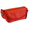 A red waist bag is positioned upright showing its curved flap and zipper pocket while the surface appears smooth and fabric-like likely intended for carrying small items in outdoor settings.