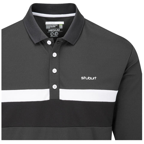 A black and white collared polo shirt features a buttoned placket and logo on the left chest area with a contrasting horizontal stripe across the midsection.