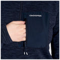 A hand is reaching into a zippered pocket on a dark, textured jacket featuring a logo that reads CRAGHOPPERS showcasing a casual, outdoor style in a close-up view.