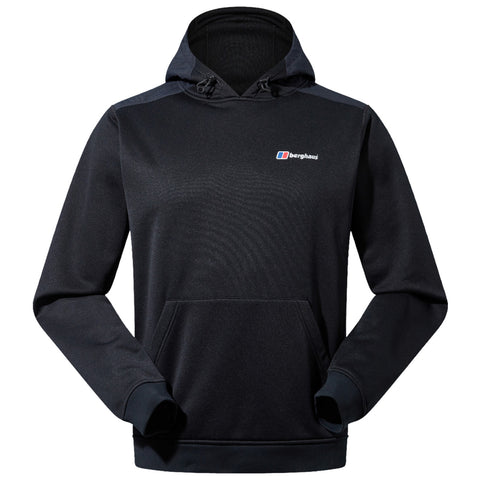 A black hooded sweatshirt is displayed with a front pocket and a logo on the chest. The fabric appears smooth, suitable for casual or outdoor wear.