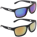 Two pairs of sunglasses are displayed side by side the top pair has a blue mirrored lens while the bottom pair features a golden mirrored lens both have black plastic frames