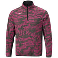 A long-sleeved jacket with a zippered collar features a pink and grey camouflage pattern suitable for outdoor or athletic activities. The design blends style with functionality in a sporty context.