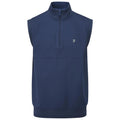 A navy sleeveless pullover features a half-zip collar and a textured design on the upper portion with a small logo on the chest suitable for casual or athletic wear.