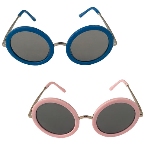 A pair of round sunglasses with blue and pink frames sit stacked with dark lenses The blue sunglasses are on top with the pink ones below in a neutral background