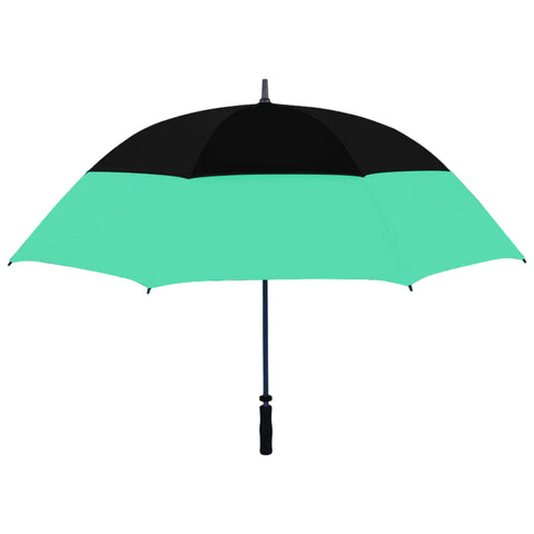 An umbrella with a black top section and a mint green lower section stands upright. It is designed to provide shade or protection from rain in outdoor settings.