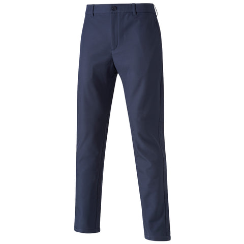 Navy trousers made of smooth fabric are displayed standing upright showcasing their straight cut and tailored appearance in a neutral background.