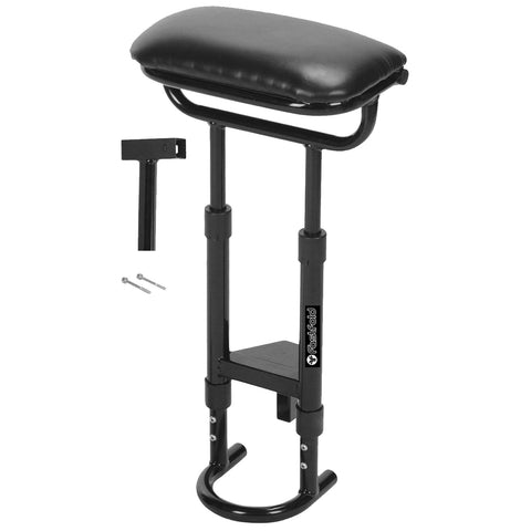 A black metal stool with a padded seat supports a person sitting. It includes a detachable part and accompanying screws, set against a plain background.