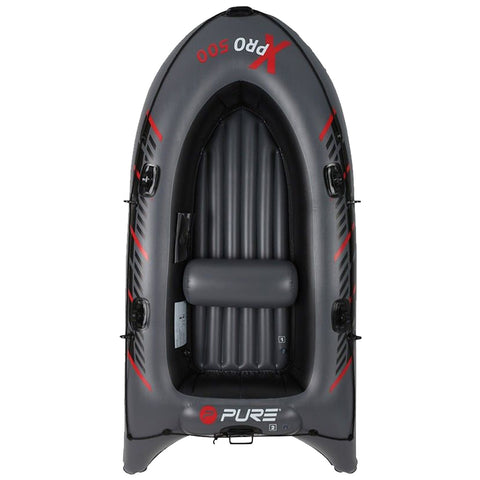 An inflatable boat is positioned upright showcasing a smooth interior with horizontal ridges a central seat and section marked Pure surrounded by a sleek black and red exterior design.