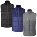 Three insulated vests in black navy and gray hang side by side featuring quilted patterns and high collars designed for warmth in cool weather or outdoor activities.