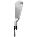 A golf club with a sleek metal face is positioned upright showing its angled blade and grip publicized for its precision use on a golf course for striking the ball.