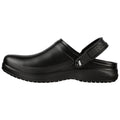 A black slip-on clog rests horizontally showcasing a rounded toe and back strap designed for comfort and ease of wear in casual or work environments.