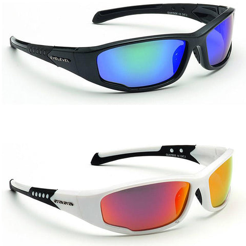 Two pairs of sunglasses are displayed side by side. The top pair features a black frame with blue-tinted lenses, while the bottom pair has a white frame with red-tinted lenses.