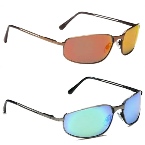 Two pairs of sunglasses are displayed with one pair featuring orange-tinted lenses and the other with blue-tinted lenses both resting on a neutral background.