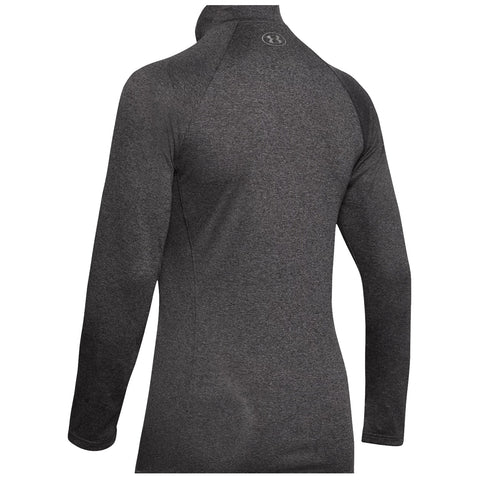 A long-sleeved, dark gray athletic shirt is displayed, featuring a high collar and a fitted design, suitable for outdoor or indoor physical activities. The garment emphasizes functionality and comfort.