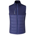 A navy blue vest features a quilted padded front and smooth fabric on the sides and back it has a high collar and a zippered front with a small pocket