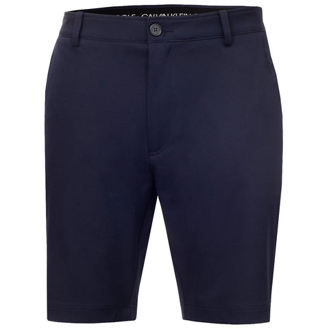 Navy blue shorts are displayed prominently featuring a button closure and belt loops they are designed for casual or semi-formal wear showcasing a smooth fabric texture and clean lines.