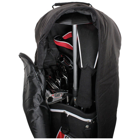 A black golf bag with a zippered opening contains several golf clubs positioned upright and organized inside the bag, designed for carrying golf equipment during play.