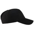 A black cap rests tilted to one side the fabric is smooth with a curved brim designed for sun protection it appears to be set against a plain white background