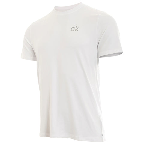 A white short-sleeve t-shirt is displayed facing slightly forward showcasing a minimalistic design with the initials ck on the chest in a subtle light gray color.