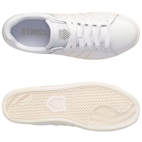 A pair of white athletic shoes with a smooth upper and textured sole are displayed from above and below against a plain background showcasing their clean design and features.